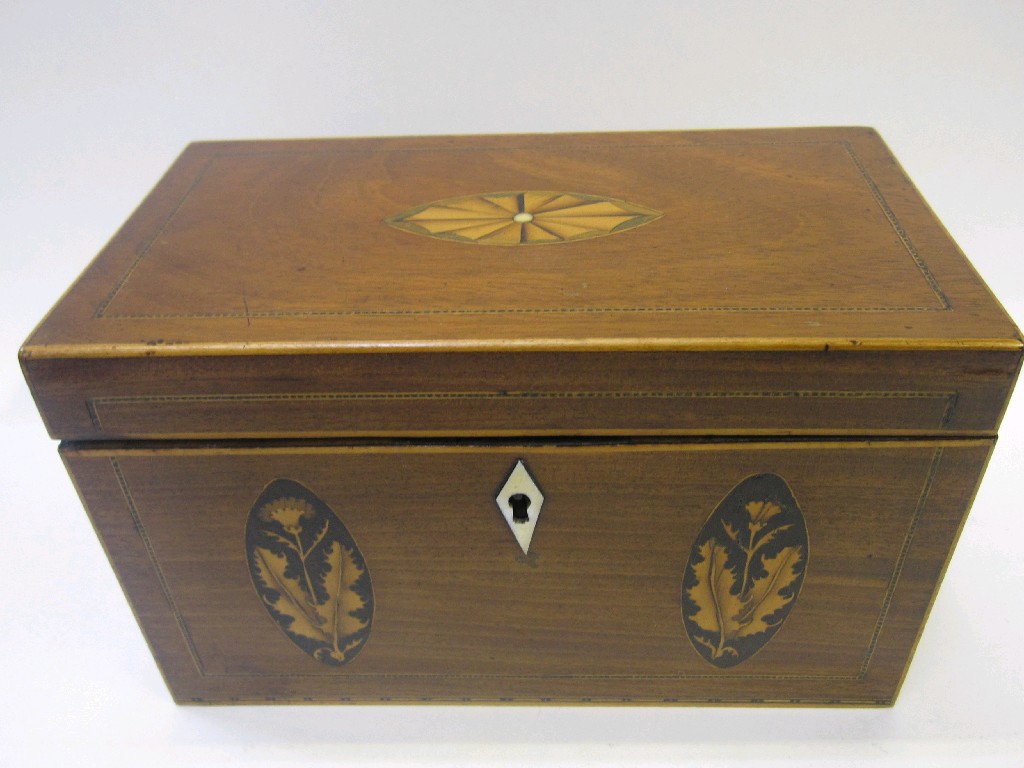 Appraisal: Georgian mahogany inlaid tea caddy with thistle decoration and ivory