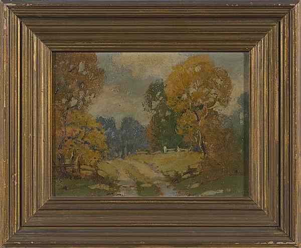 Appraisal: American Autumn Landscape by Glenn Swedlun Oil on Board Glenn