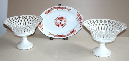 Appraisal: Title Pierced White Ceramic Open Compotes w Meissen Cockfighting porcelain