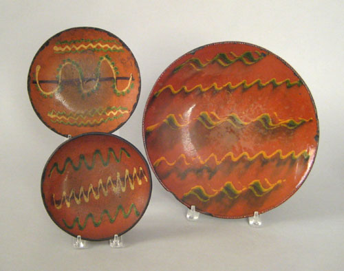 Appraisal: Three redware plates th c with yellow and green slip