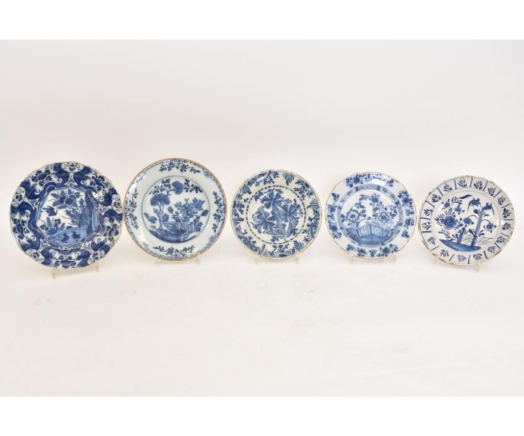 Appraisal: Five Delft plates th c largest dia Condition Largest has