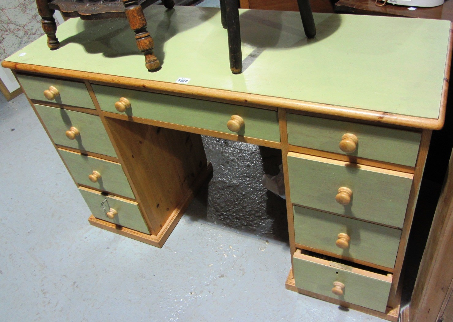 Appraisal: A th century green painted pine pedestal desk