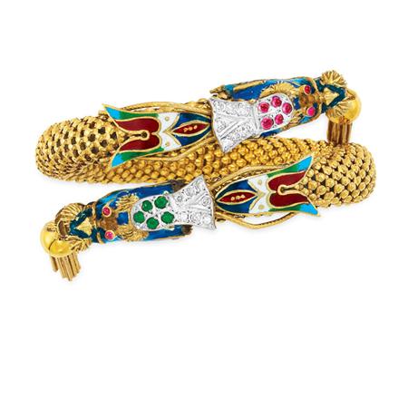 Appraisal: Gold Enamel and Colored Stone Crossover Tassel Bangle Bracelet Estimate