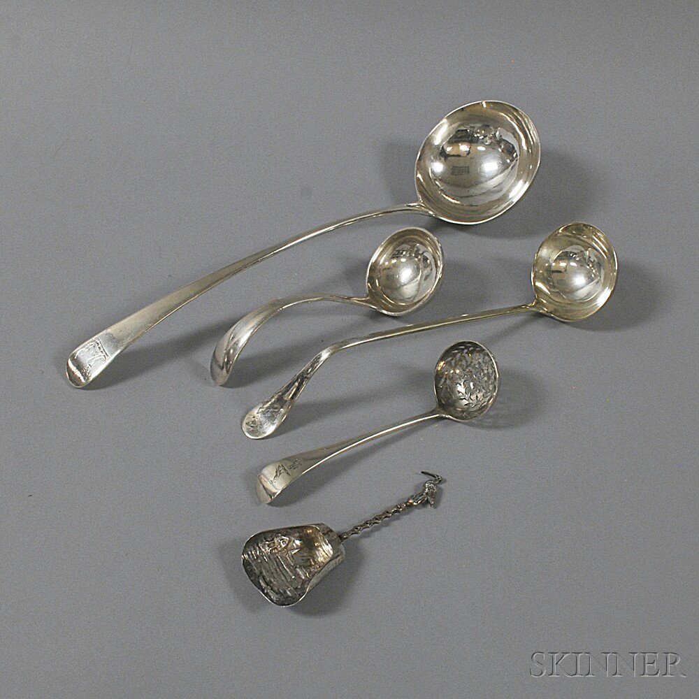 Appraisal: Five Silver Spoons and Ladles an English silver soup ladle