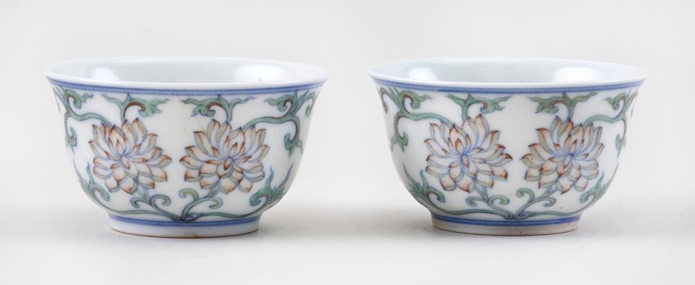 Appraisal: PAIR OF CHINESE DOUCAI PORCELAIN WINE CUPS TH CENTURY HEIGHTS