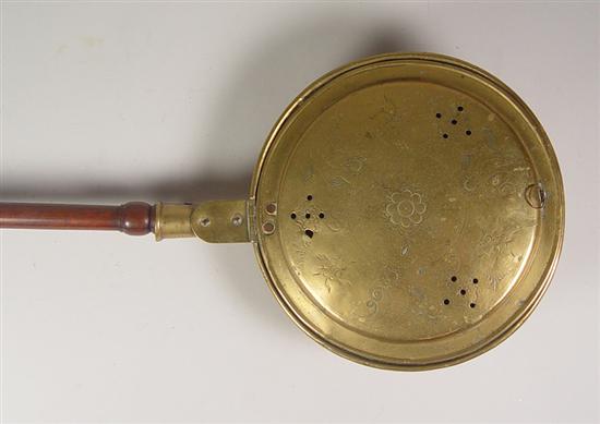 Appraisal: Brass Bed Warmer th Century With turned wood handle Old