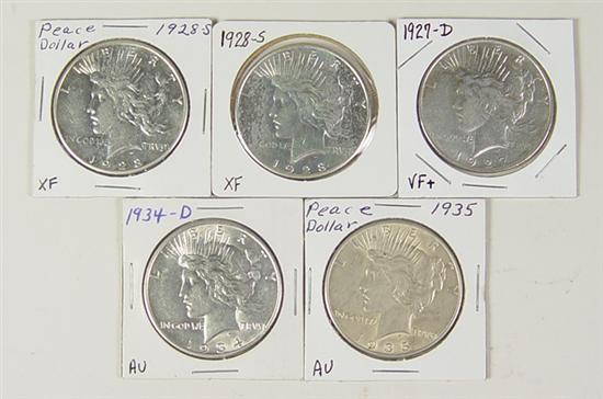 Appraisal: Five Better Date Peace Dollars -D VF -S coins -