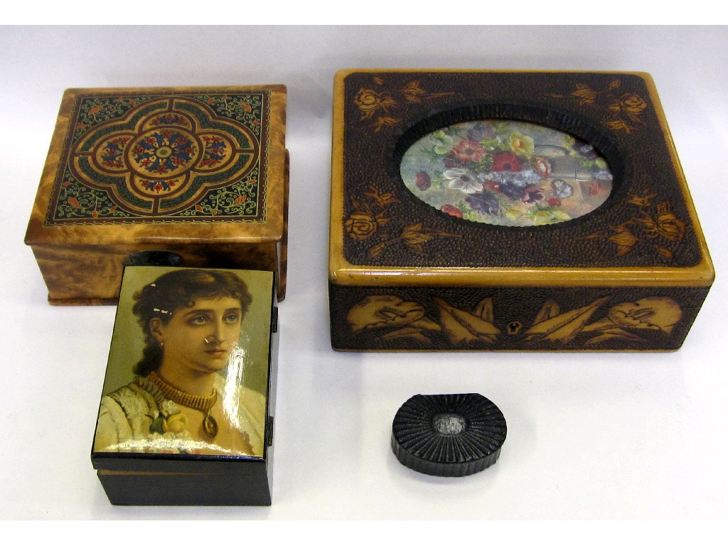 Appraisal: Pokerwork box wooden snuff box portrait decorated box and one