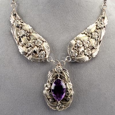 Appraisal: SUBSTANTIAL SILVER AMETHYST NECKLACE MID th C Hand wrought in