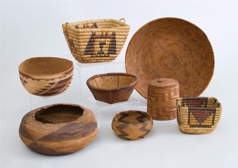 Appraisal: GROUP OF SEVEN NATIVE AMERICAN WOVEN BASKETS AND A HAT