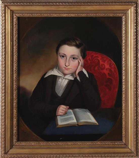 Appraisal: British school th century YOUNG BOY READING BOOK oil on