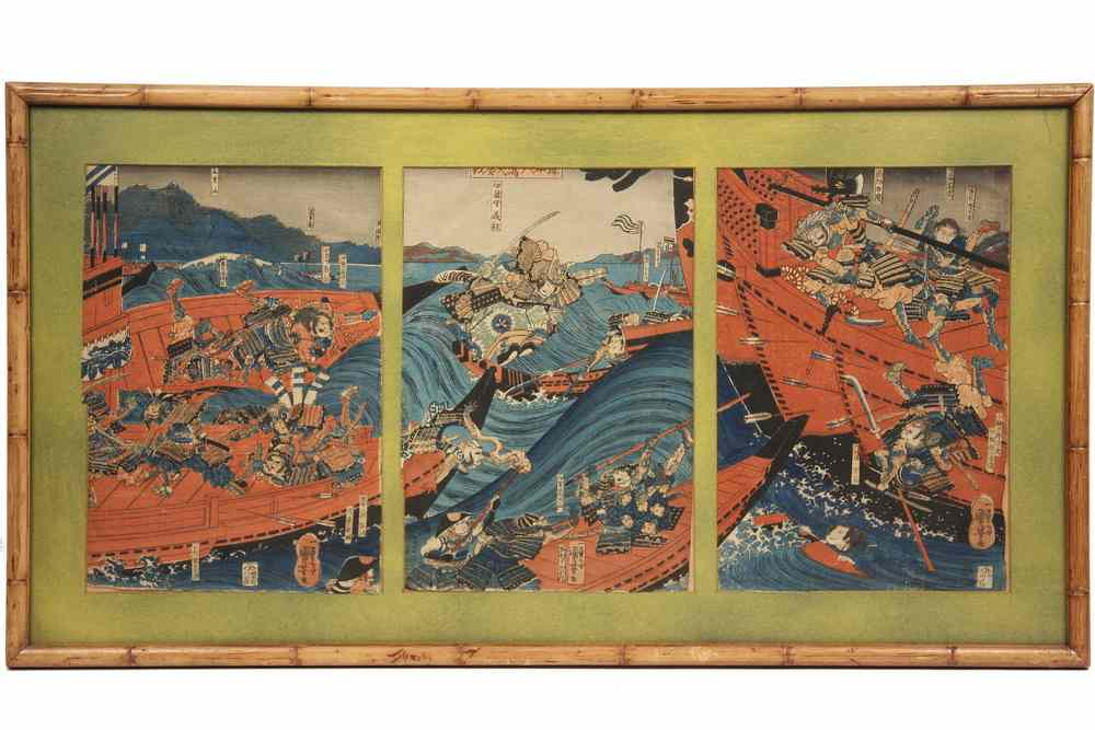 Appraisal: JAPANESE WOODBLOCK TRIPTYCH - Samurai Naval Battle by Kuniyoshi Utagawa