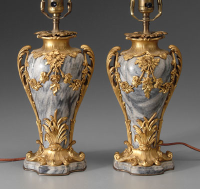 Appraisal: Two similar ormolu-mounted marble lamps vasiform with finely cast floral