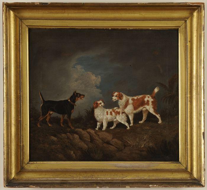 Appraisal: ENGLISH SCHOOL CANINE CONFRONTATION Oil on canvas x in signed