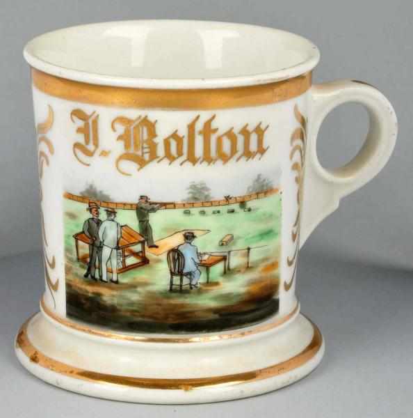 Appraisal: Trapshooting Scene Shaving Mug Description Shows four individuals shooting trap