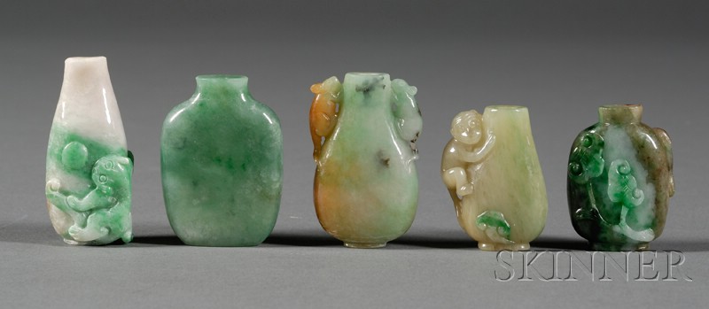 Appraisal: Five Jade Snuff Bottles various shades of green tan and