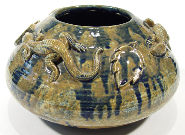 Appraisal: Eric Olsen Art pottery vase relief moulded with lizards and