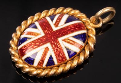 Appraisal: An oval enamel Union flag pendant within a gold rope