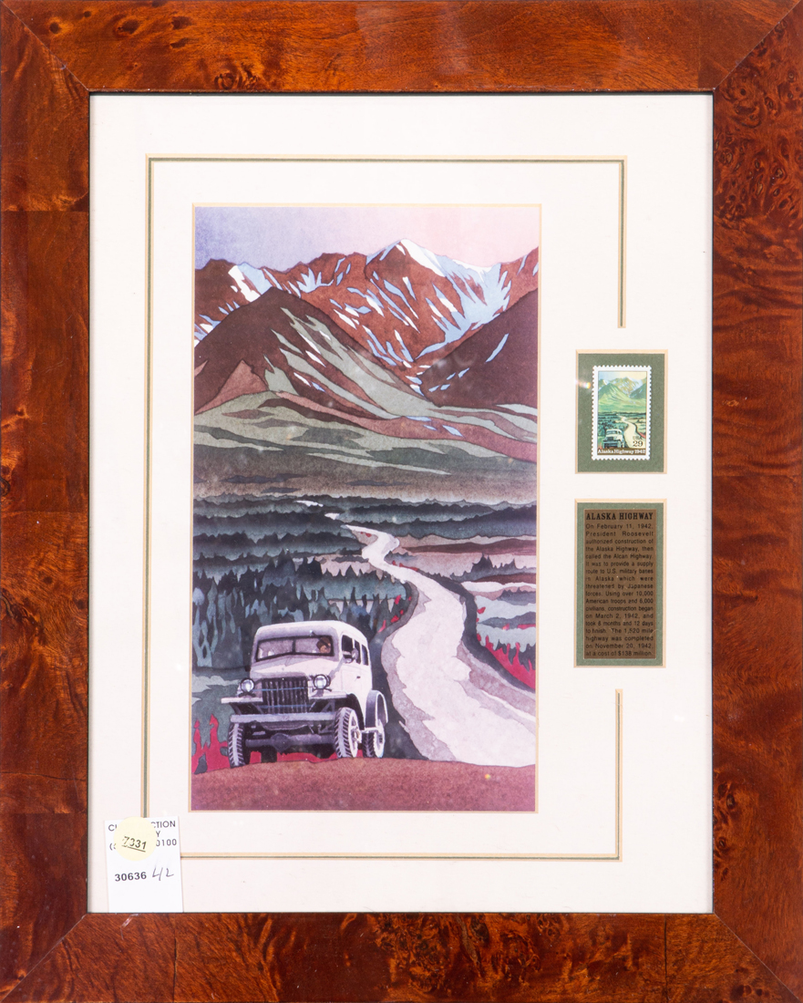 Appraisal: ALASKA HIGHWAY CENT FIRST DAY COVER AND PRINT OVERALL FRAMED