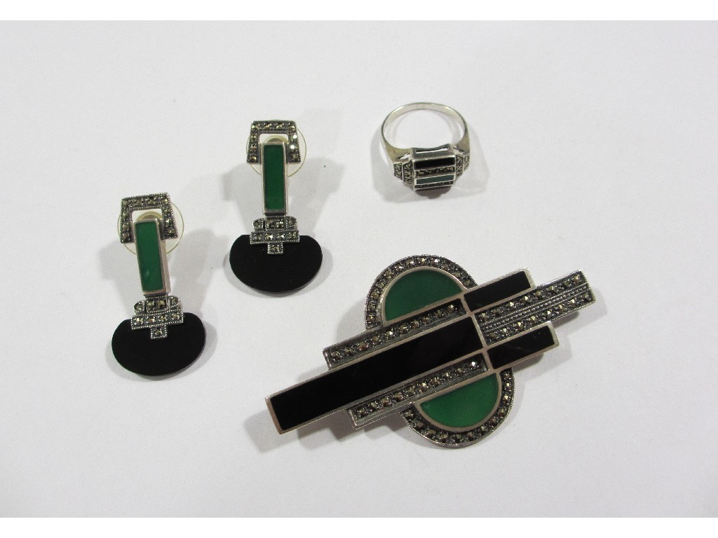 Appraisal: Silver marcasite onyx and green agate set Art Deco style