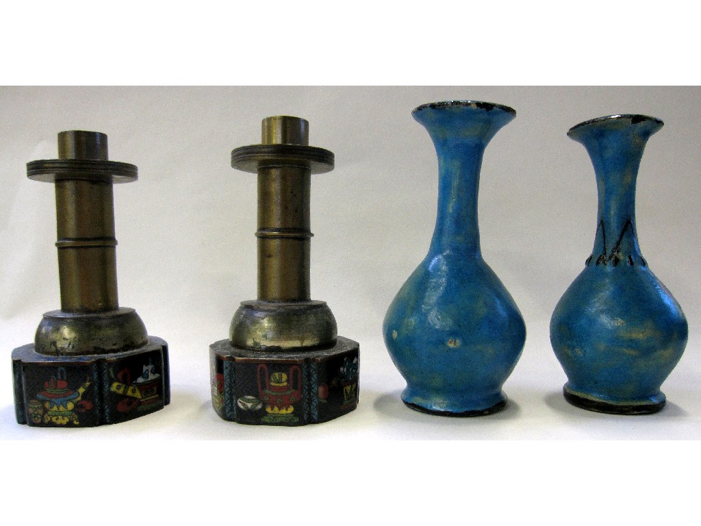 Appraisal: Two Persian blue glazed vases and a pair of Cloisonne