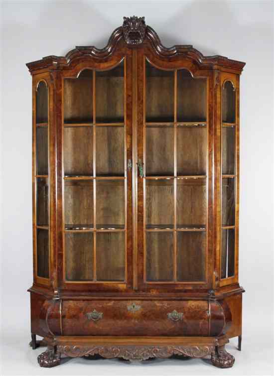 Appraisal: A th century Dutch burr walnut display cabinet the serpentine