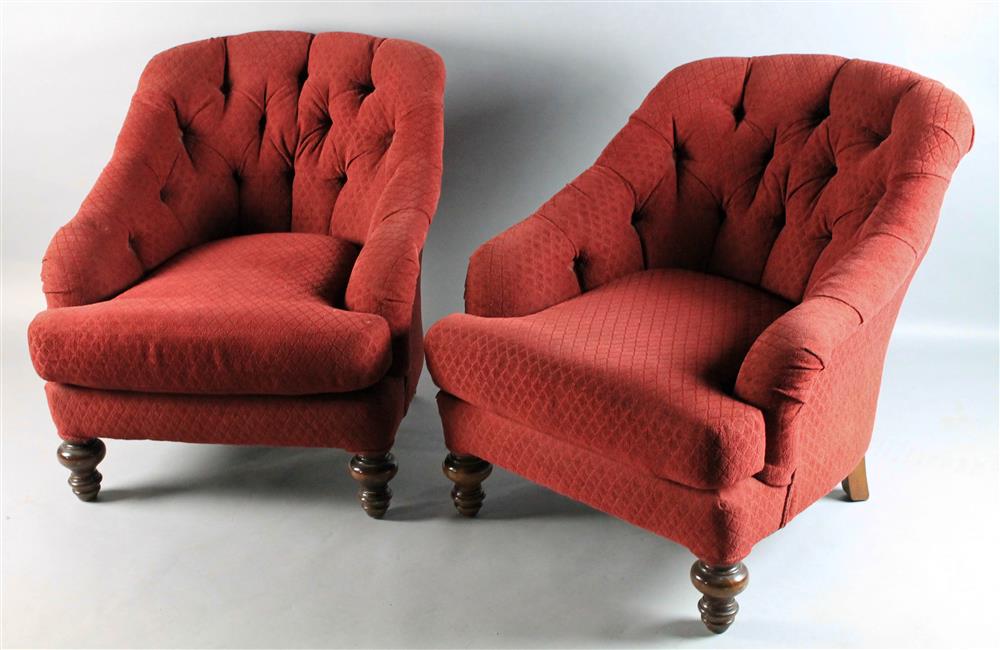 Appraisal: PAIR OF BURGUNDY UPHOLSTERED ARMCHAIRS chenille fabric with rolled back