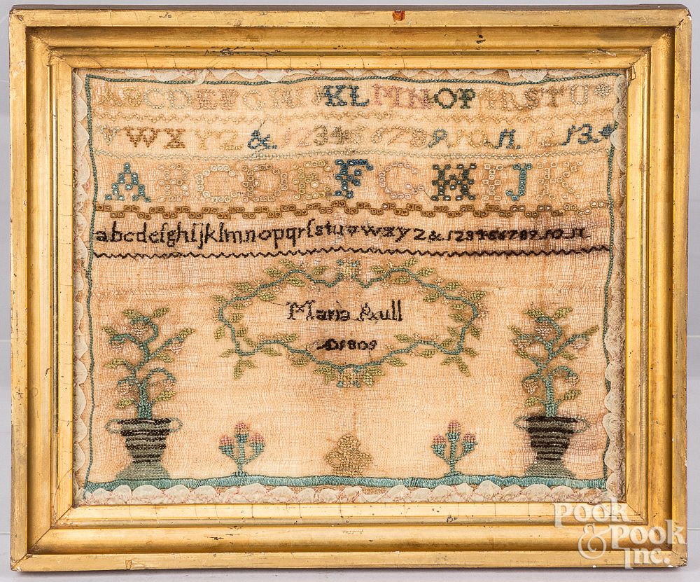 Appraisal: Delaware Valley silk on linen needlework sampler Delaware Valley silk