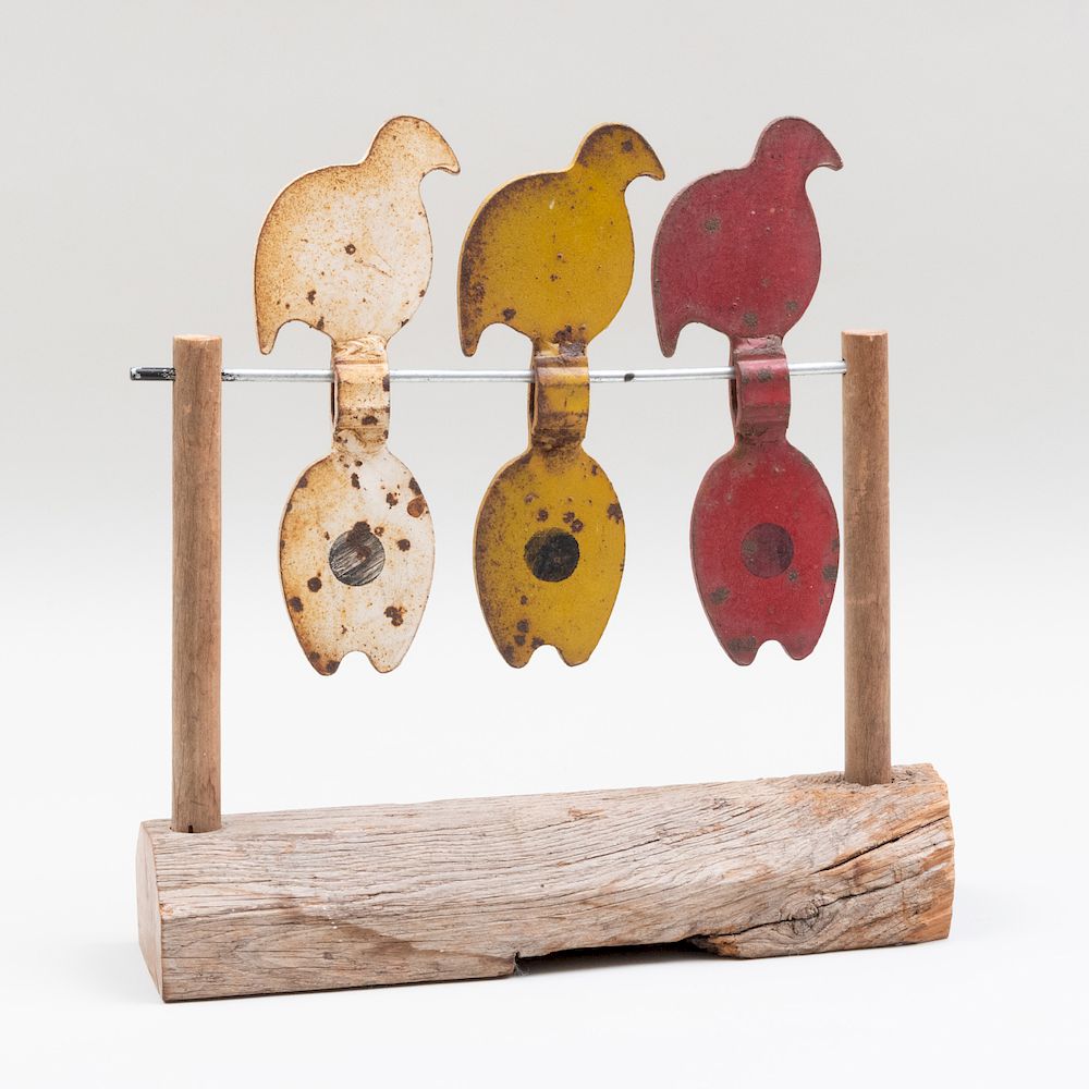 Appraisal: Three Polychrome Painted-Decorated Iron Bird Targets Raised on a later