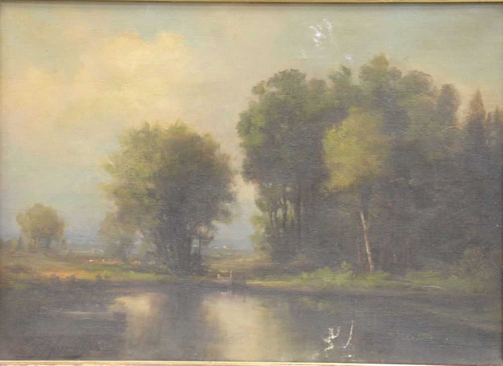 Appraisal: George Harrington - oil on canvas landscape with pond signed