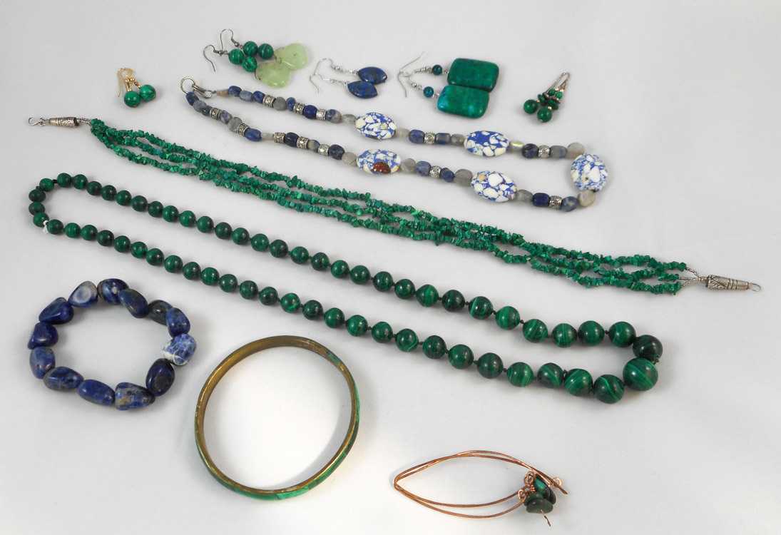 Appraisal: SEVENTEEN ARTICLES OF JEWELRY including two malachite necklaces three pairs