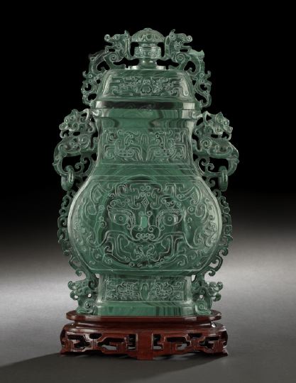 Appraisal: Large and Elaborate Chinese Carved Malachite Covered Vase of flattened