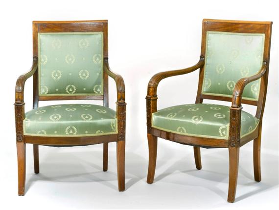 Appraisal: PAIR OF ARMCHAIRS Restauration France circa Carved mahogany Green silk