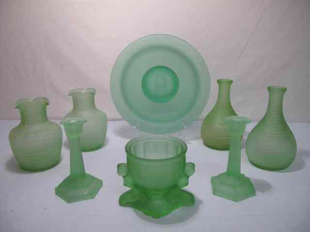 Appraisal: An assortment of frosted green depression glass including a large