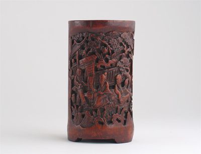 Appraisal: A Chinese bamboo brushpot decorated with figures on a veranda