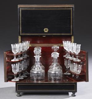 Appraisal: French Brass Inlaid Ebonized Cave a Liqueur c French Brass