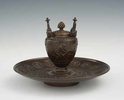 Appraisal: A Grand Tour Bronze Inkwell with Tray ca The urn