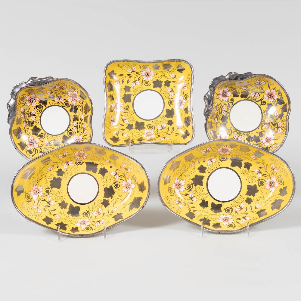 Appraisal: Set of Five English Canary Ground and Silver Luster Decorated