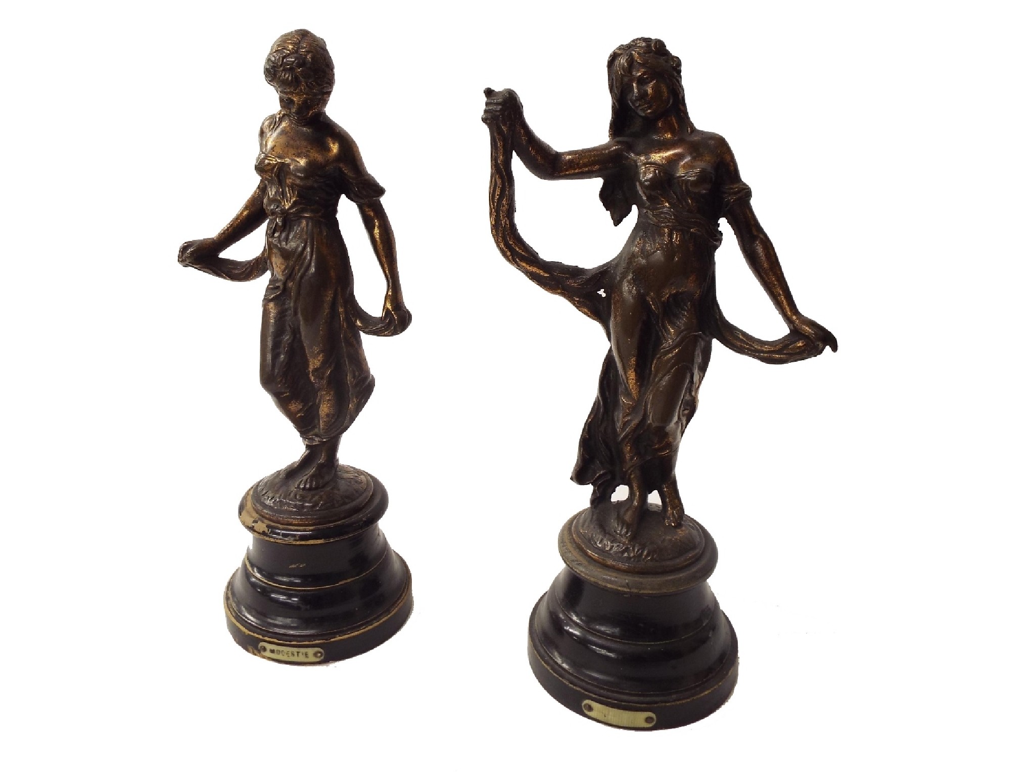 Appraisal: Pair of cast bronze figures of ladies upon turned ebonised