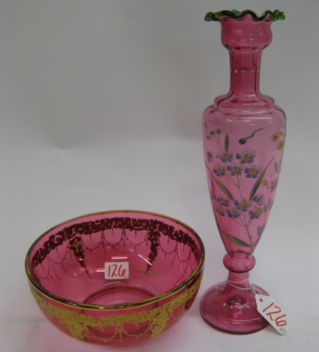 Appraisal: TWO CRANBERRY GLASS ITEMS One is a bowl with gold