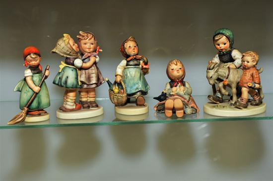 Appraisal: FIVE HUMMEL FIGURINES Girl knitting socks ''Happy Pastime'' '' h