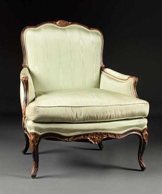 Appraisal: Louis XV style painted parcel giltwood upholstered bergere a la