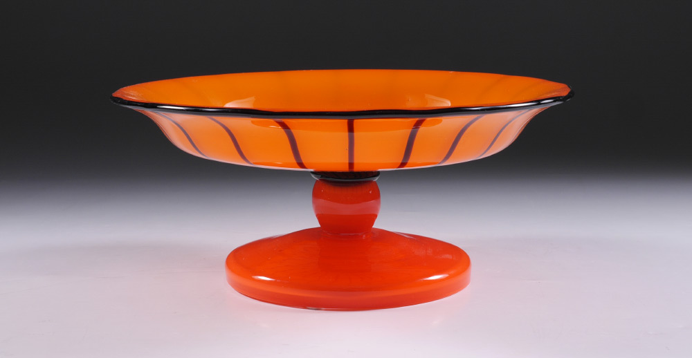 Appraisal: LOETZ ORANGE TANGO ART GLASS COMPOTE Orange with black stripe