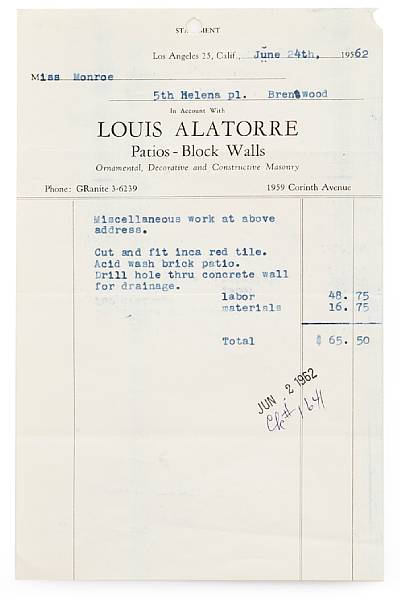 Appraisal: A Marilyn Monroe receipt for patio work From Louis Alatorre