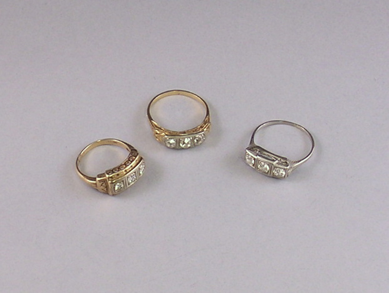 Appraisal: Three Gold and Diamond Three-stone Rings two kt yellow gold