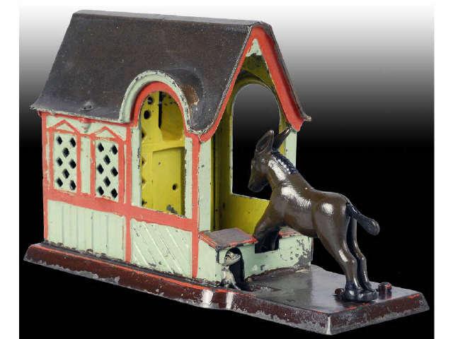 Appraisal: Cast Iron Mule Entering Barn Mechanical Bank Description J E