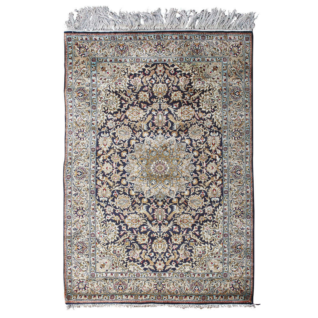 Appraisal: CENTRAL PERSIAN SILK RUG MODERN Possibly Isfahan the dark indigo