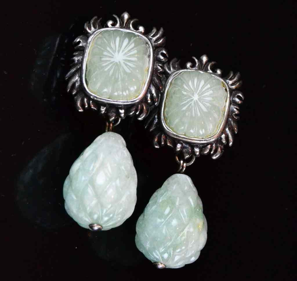 Appraisal: Pcs Sterling and Jade EarringsPair of matching carved jade earrings