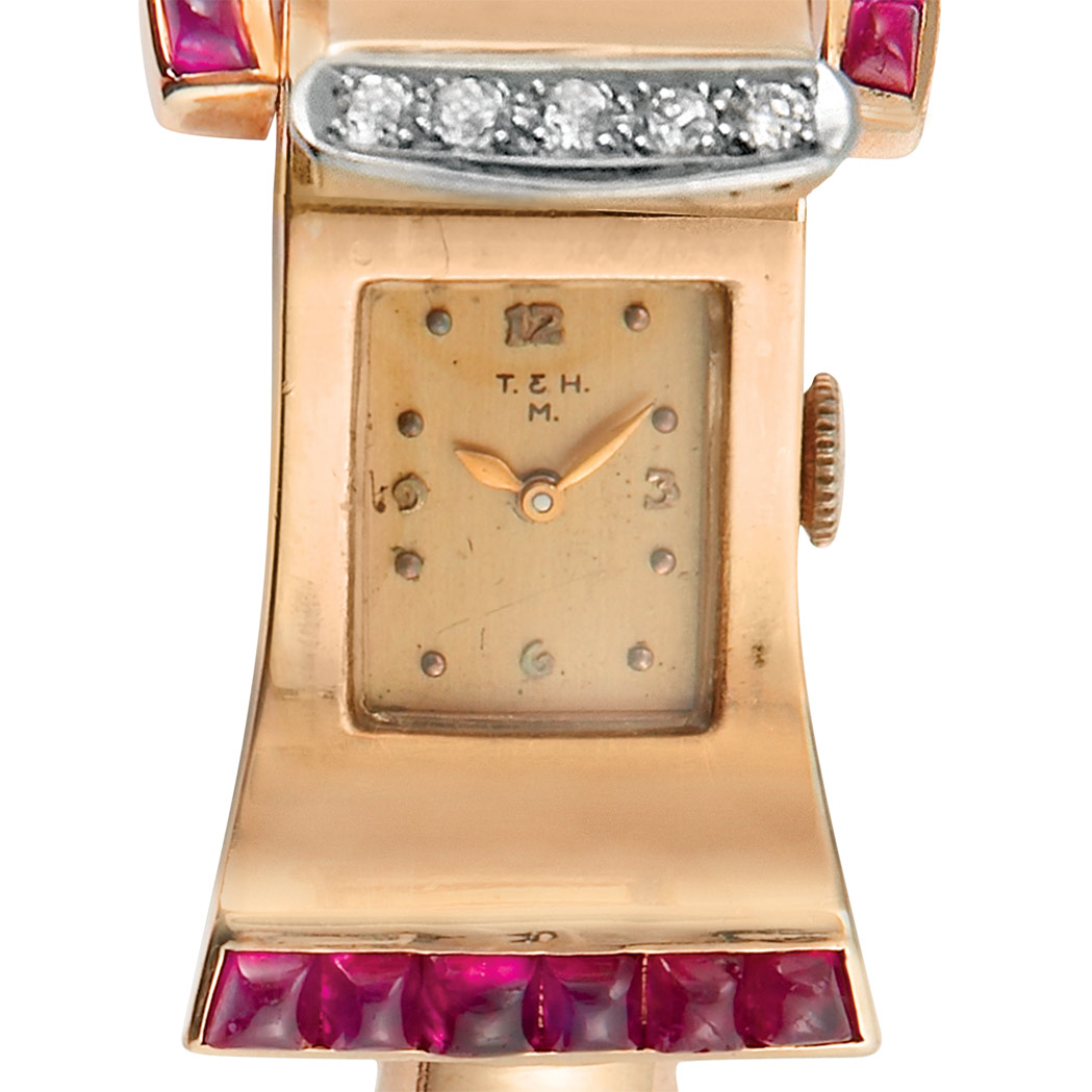 Appraisal: Gold Platinum Cabochon Ruby and Diamond Snake Chain Bracelet-Watch Trabert