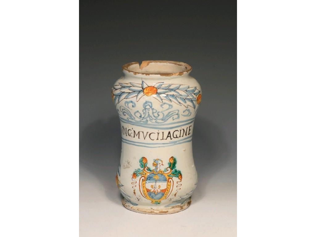 Appraisal: A TH TH CENTURY ITALIAN MAIOLICA WET-DRUG JAR with laurel